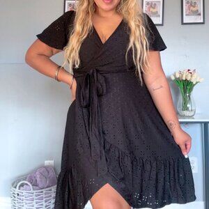 Dress Women Black Linen Short Sleeve Ruffle Mini wrap Plus Size Xl